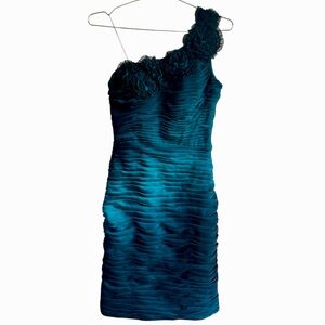 Papell Boutique One-shoulder Ruched Chiffon Dress in a Blue/Teal Gradient Color